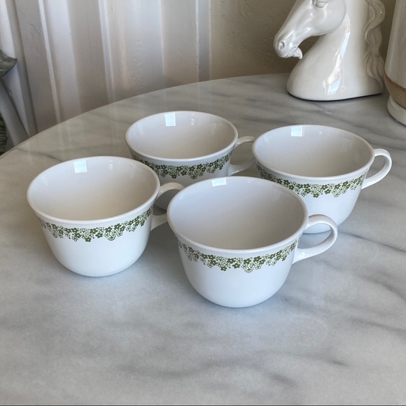 VINTAGE • 70s Avocado Green Tea Cups Mugs Corelle CorningWare Made USA Set of 4 - Picture 1 of 11